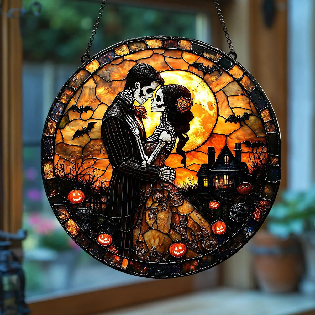 Personalized Gothic Skull Couple Stained Glass Suncatcher, Hanging Decor
