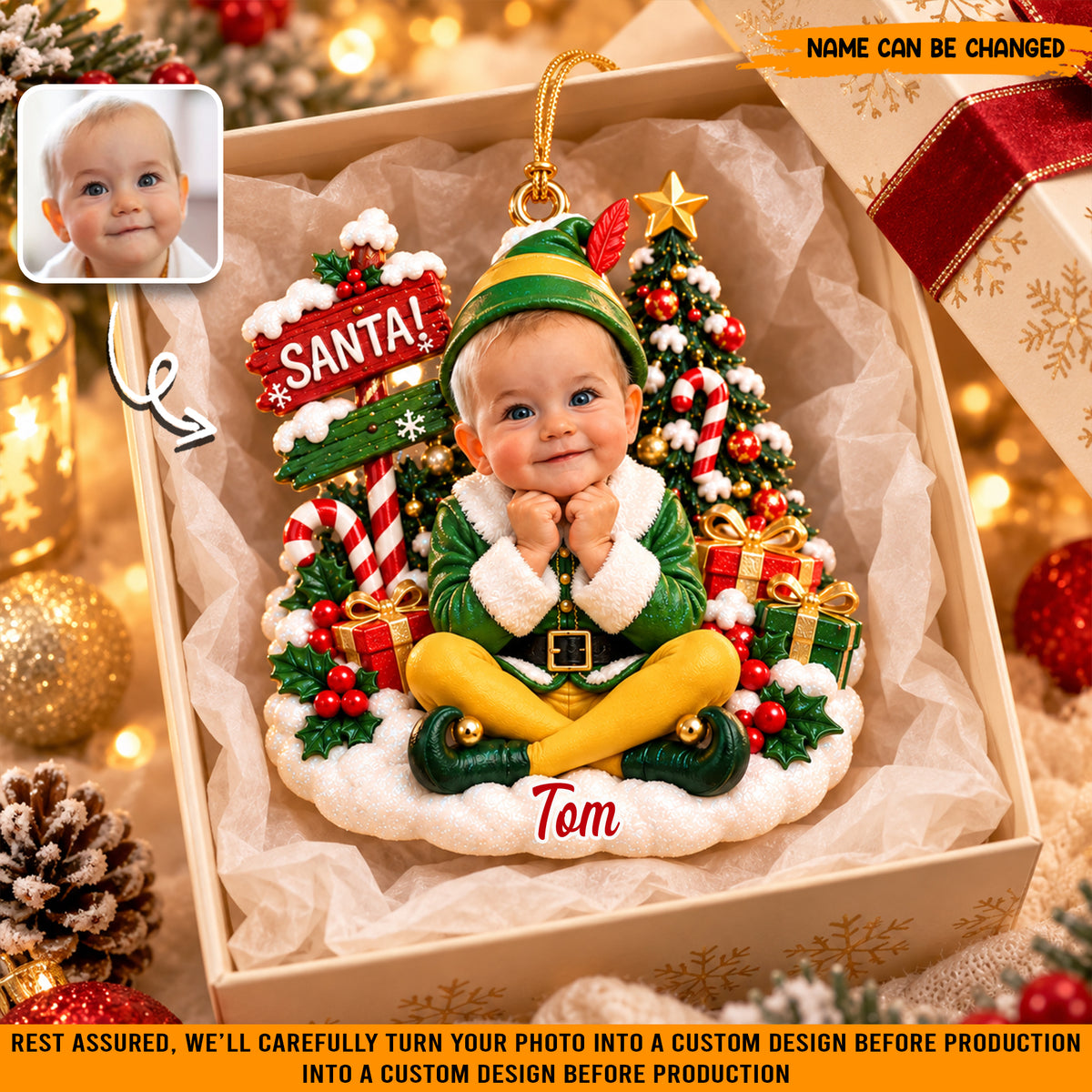 Personalized Baby Elf Christmas Ornament, Custom Photo & Name Holiday Tree Decor