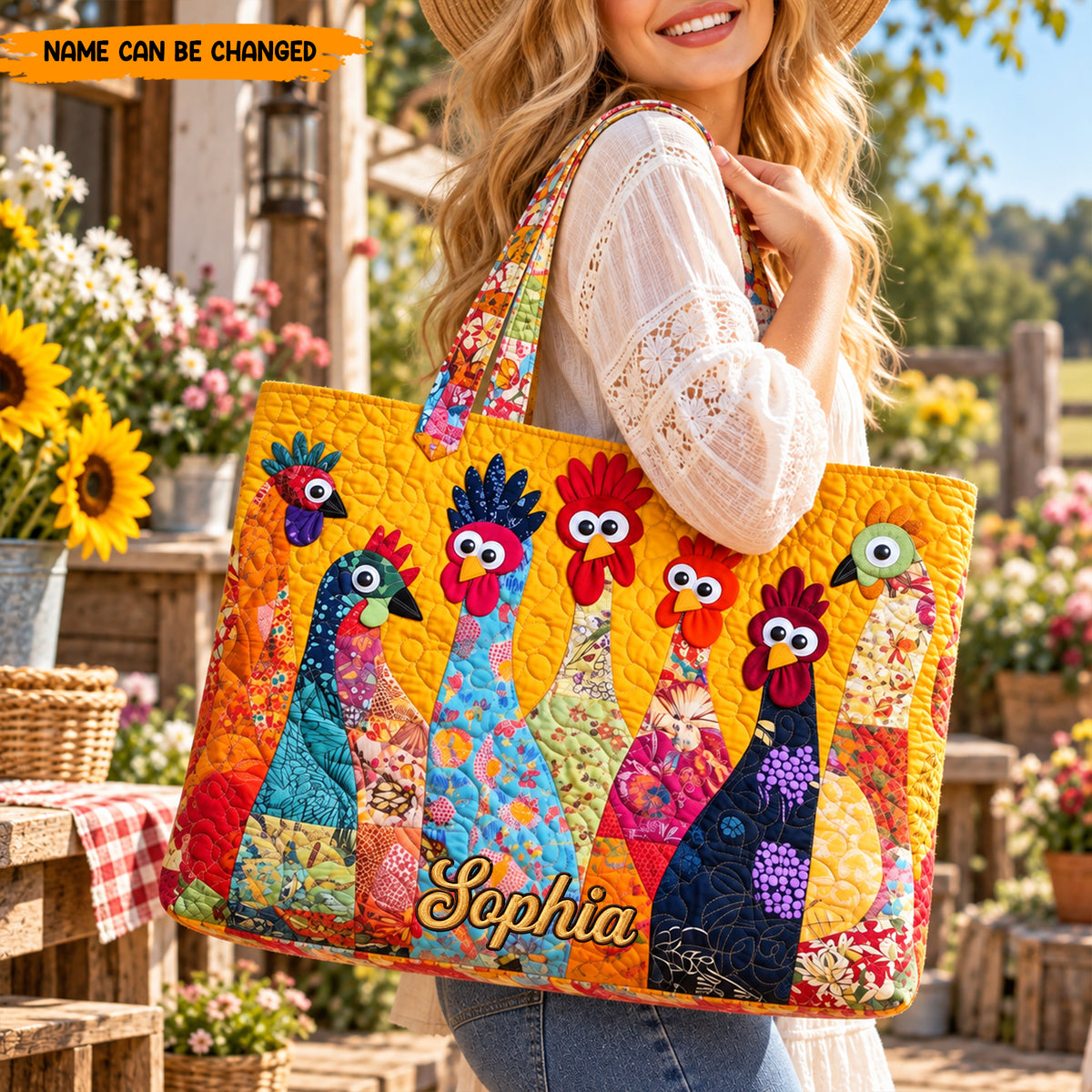 Personalized Chicken Quilted Tote Bag, Custom Name Farmhouse Beach Bag