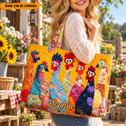 Personalized Chicken Quilted Tote Bag, Custom Name Farmhouse Beach Bag