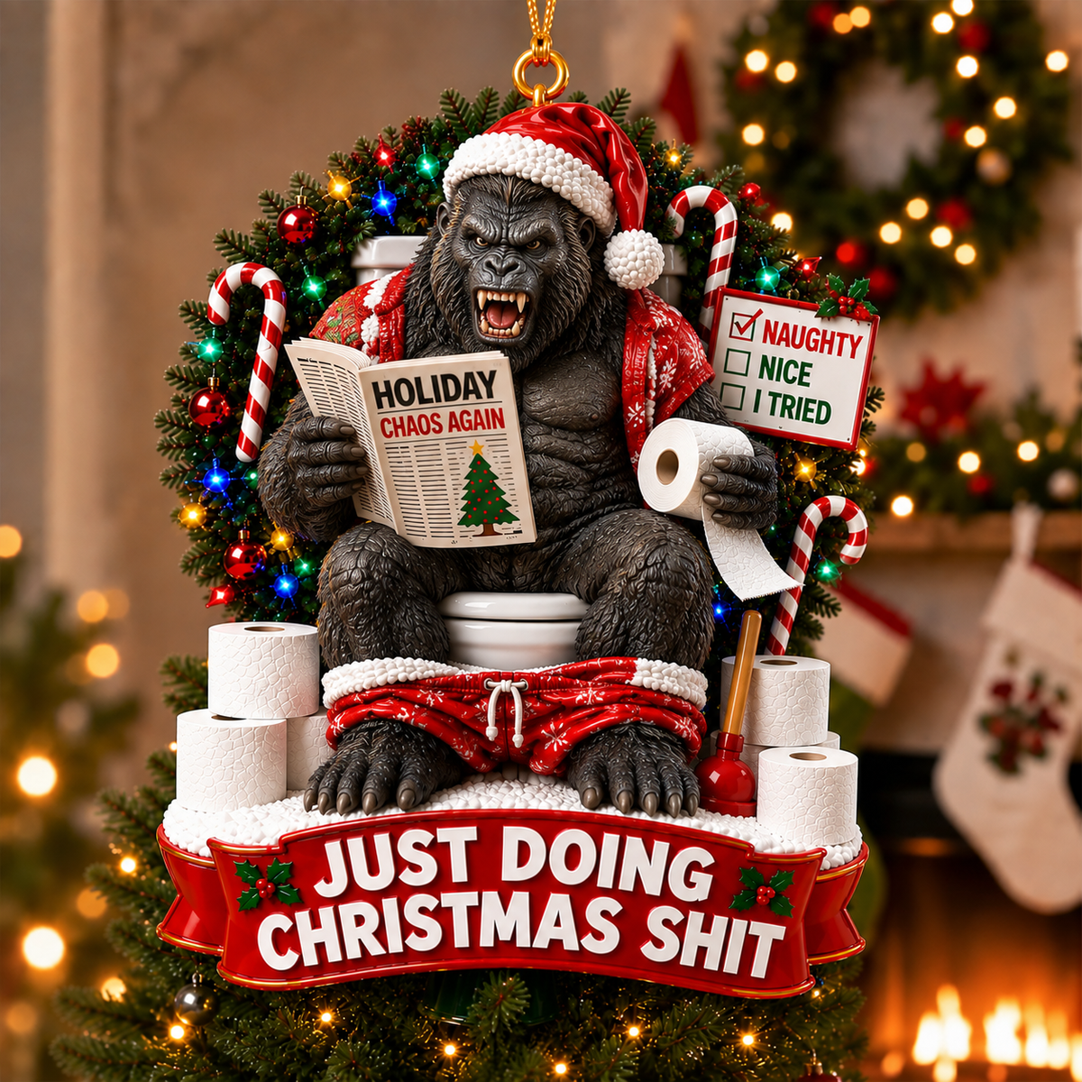 Christmas Chaos Gorilla Funny Ornament