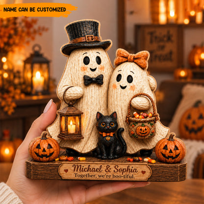 Personalized Ghost Couple Wooden Block, Custom Halloween Couple Gift, Black Cat Decor, Boo-tiful Keepsake