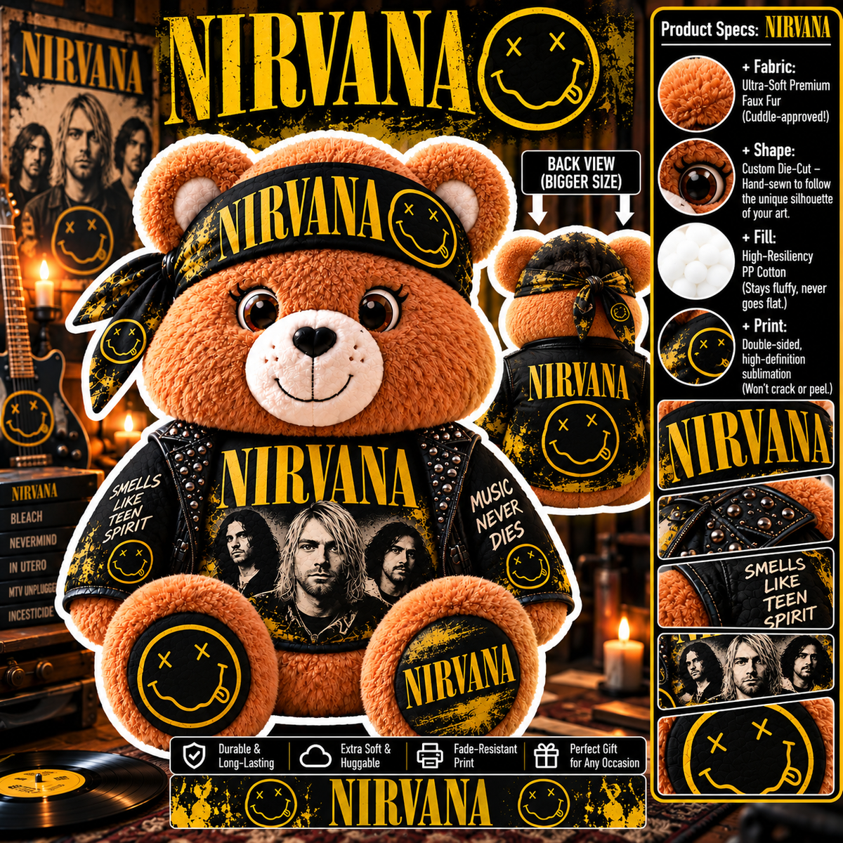 Nirvana Custom Shaped Bear Pillow – Unique Gift for Classic Music Lovers