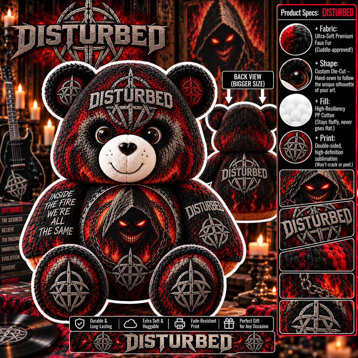 Disturbed Custom Shaped Bear Pillow – Unique Gift for Classic Music Lovers