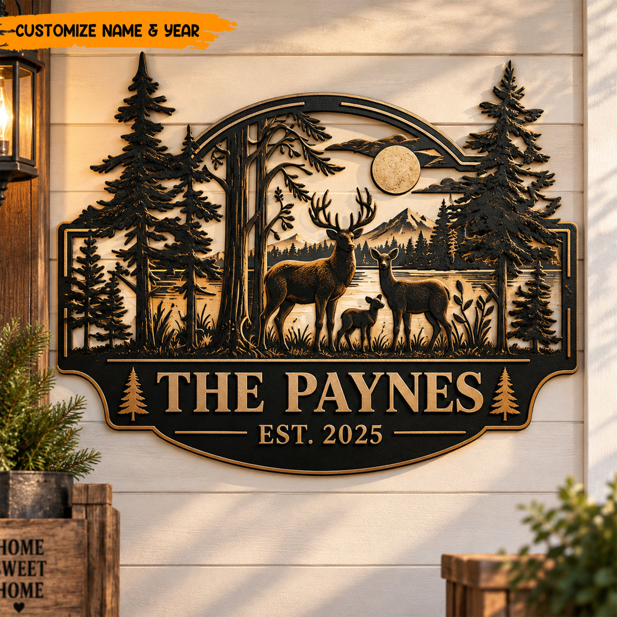 Personalized Deer Family Metal Sign - Custom Family Name Sign EST - Forest Cabin Wall Decor - Housewarming Gift for Family