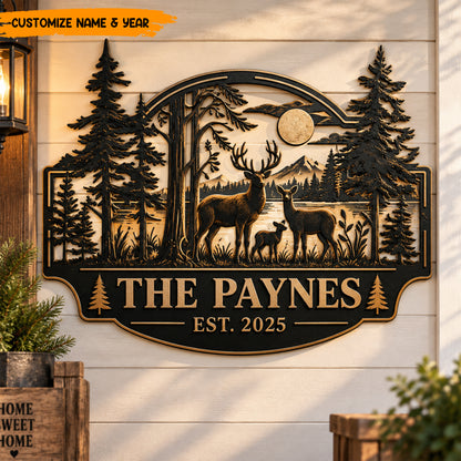 Personalized Deer Family Metal Sign - Custom Family Name Sign EST - Forest Cabin Wall Decor - Housewarming Gift for Family