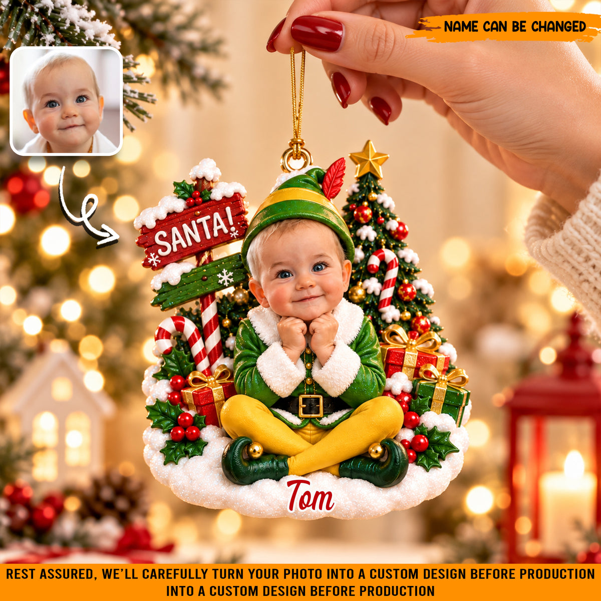 Personalized Baby Elf Christmas Ornament, Custom Photo & Name Holiday Tree Decor