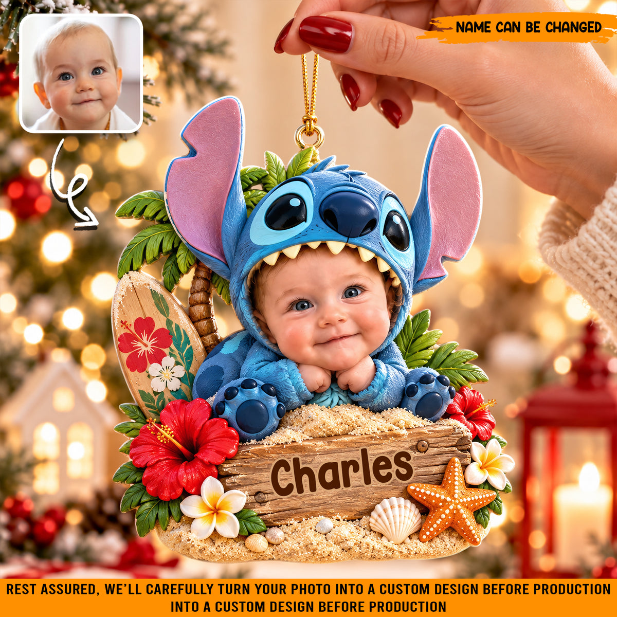 Personalized Baby Stitch Christmas Ornament, Custom Photo & Name Holiday Tree Decor
