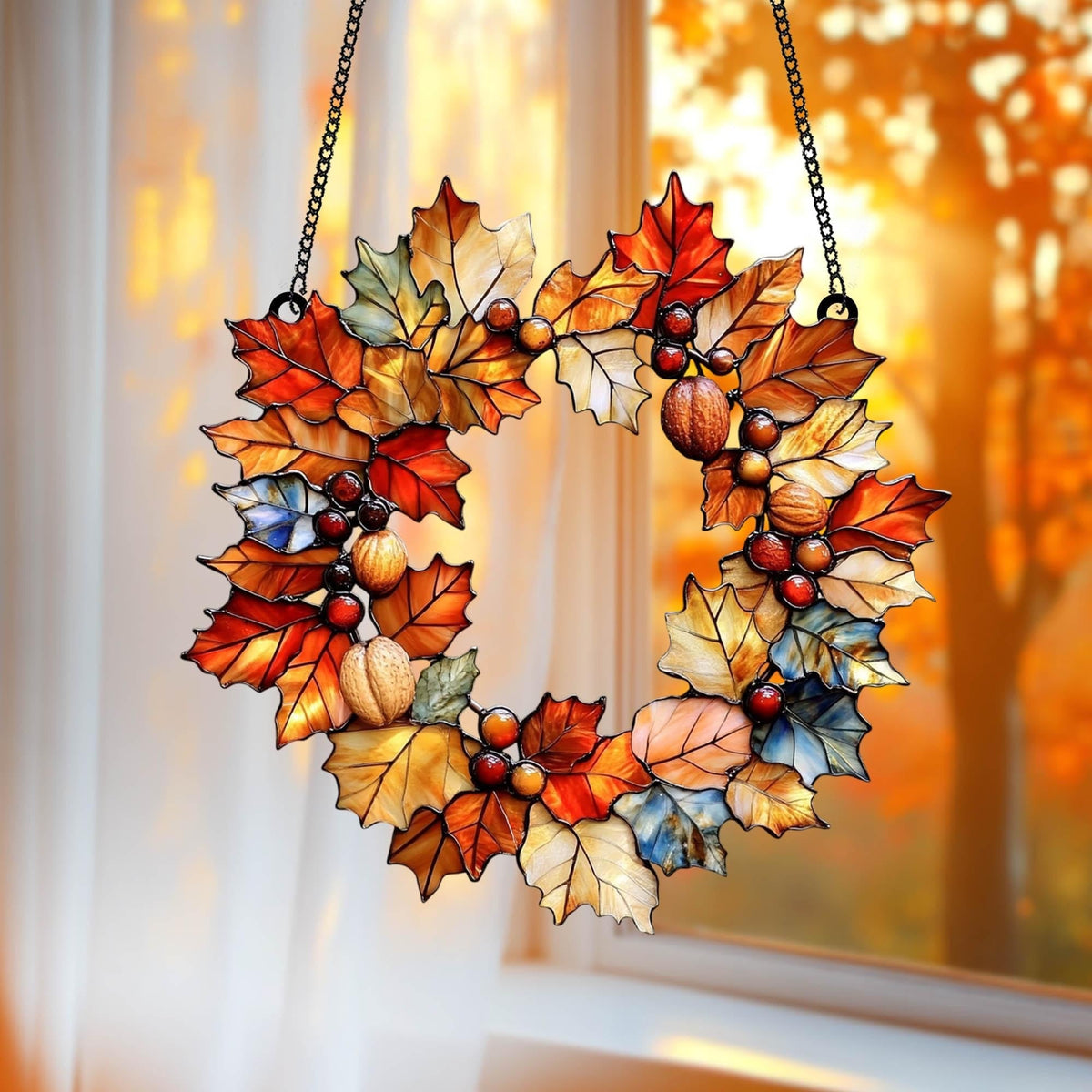 Fall Leaves Wreath Acrylic Window Hanging, Acrylic Window Hanging