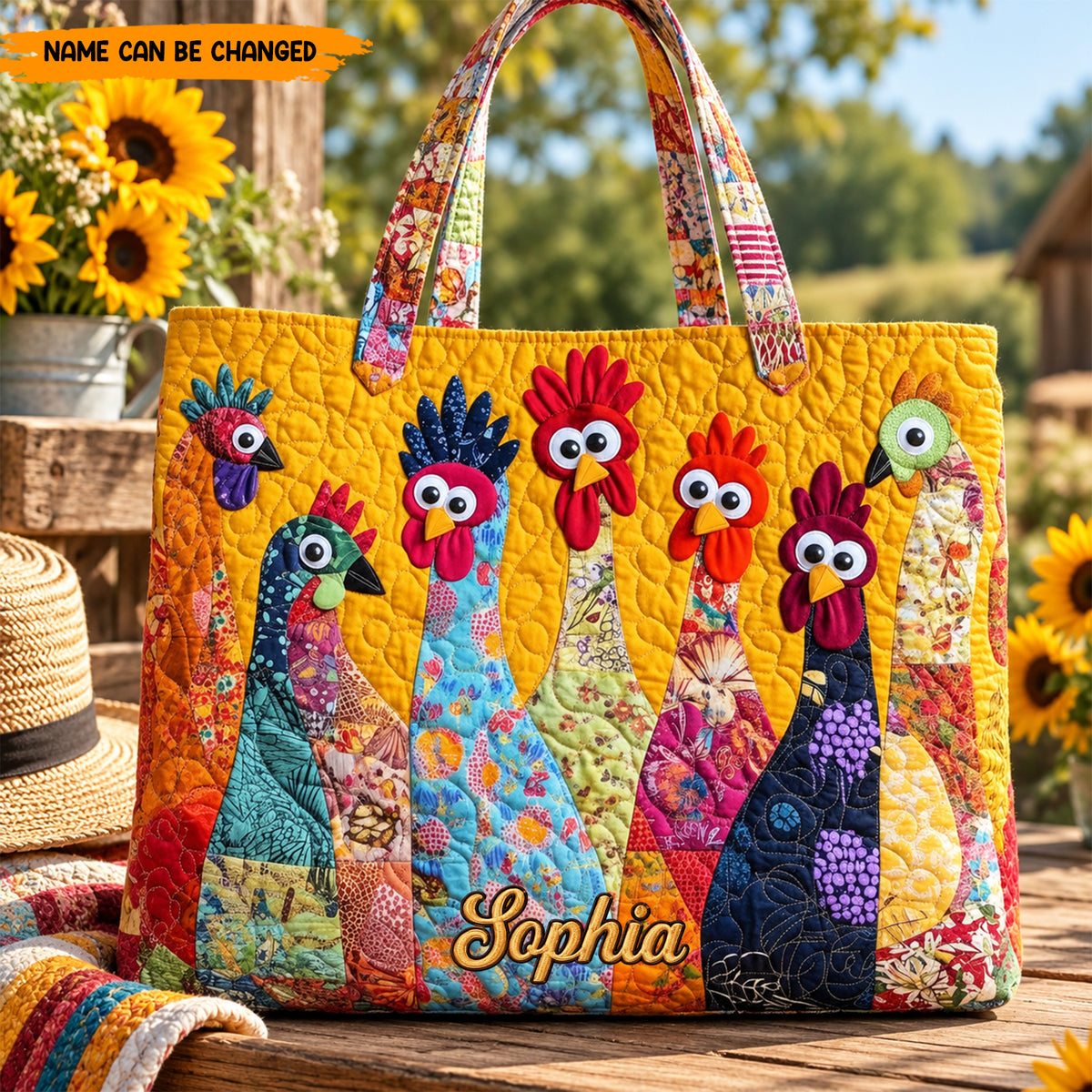 Personalized Chicken Quilted Tote Bag, Custom Name Farmhouse Beach Bag