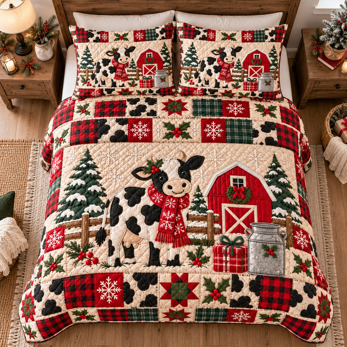 Farmhouse Cow Christmas Quilt Bedding Set