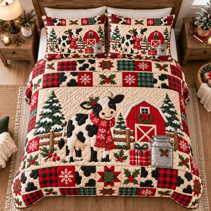 Farmhouse Cow Christmas Quilt Bedding Set