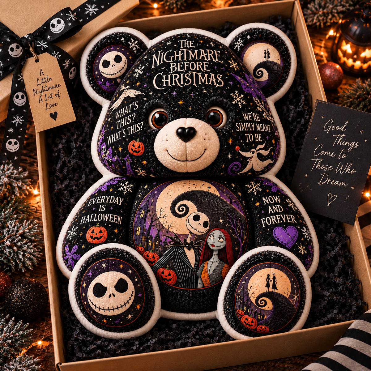 The Nightmare Before Christmas Bear Custom Shaped Pillow – Jack & Sally Halloween Fan Gift, Pumpkin King Gothic Christmas Collectible