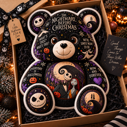 The Nightmare Before Christmas Bear Custom Shaped Pillow – Jack & Sally Halloween Fan Gift, Pumpkin King Gothic Christmas Collectible