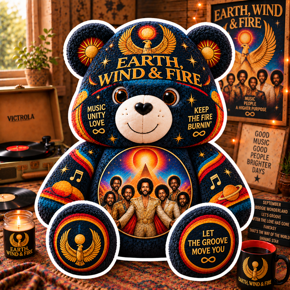 Earth, Wind & Fire Custom Shaped Bear Pillow – Unique Gift for Classic Music Lovers