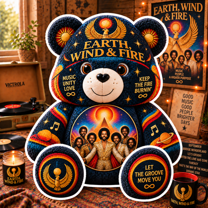 Earth, Wind & Fire Custom Shaped Bear Pillow – Unique Gift for Classic Music Lovers