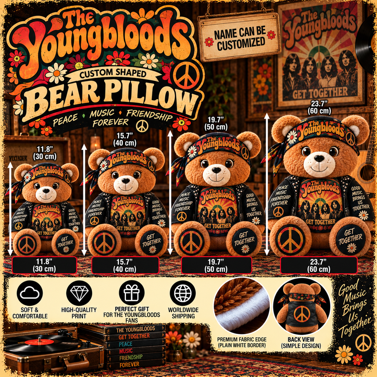 The Youngbloods Custom Shaped Bear Pillow – Unique Gift for Classic Music Lovers