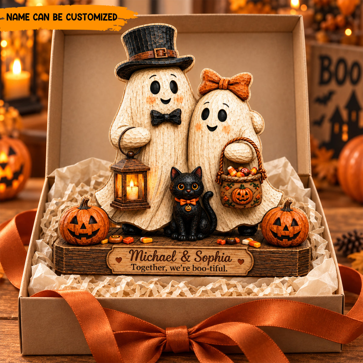 Personalized Ghost Couple Wooden Block, Custom Halloween Couple Gift, Black Cat Decor, Boo-tiful Keepsake