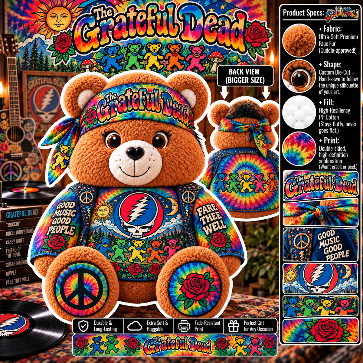 Grateful Dead Custom Shaped Bear Pillow – Unique Gift for Classic Music Lovers