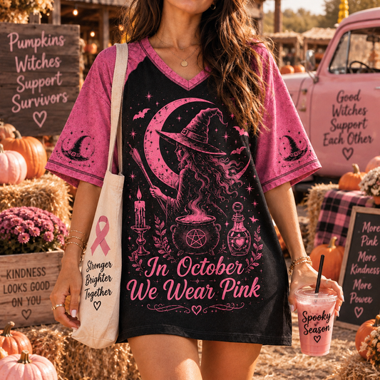 In October We Wear Pink Halloween - Spooky Halloween V-Neck Shirt
