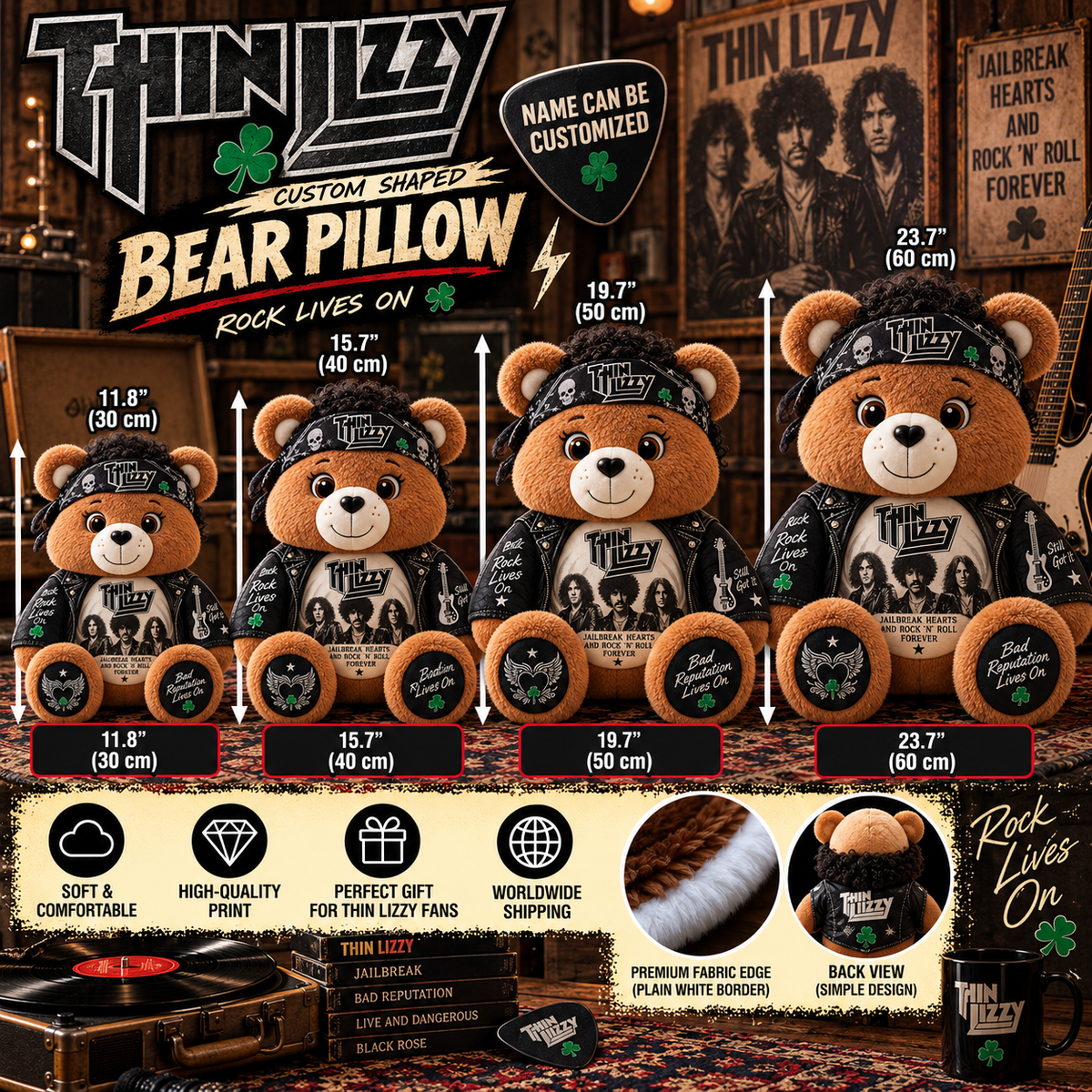 Thin Lizzy Custom Shaped Bear Pillow – Unique Gift for Thin Lizzy Fans & Classic Rock Lovers