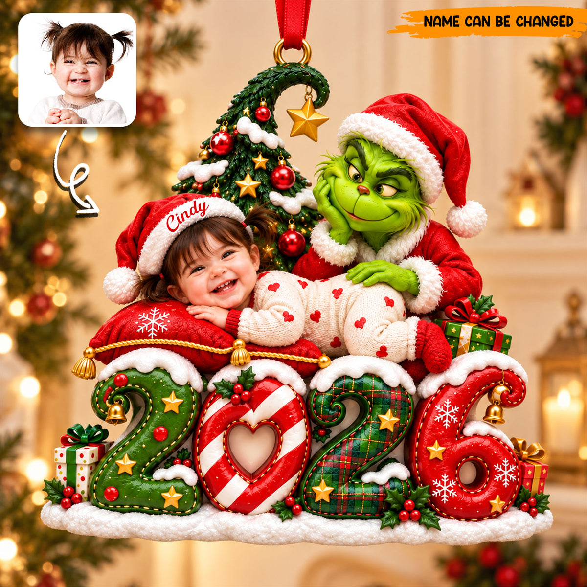Personalized Grinch Baby Christmas Ornament, Custom Photo & Name 2026 Holiday Tree Decor