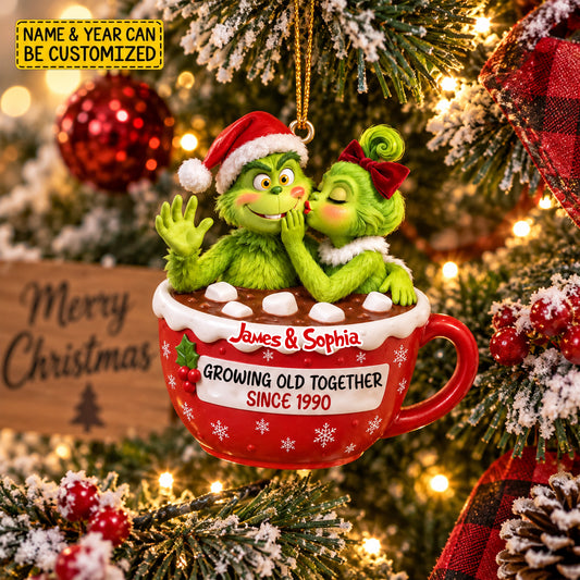 Personalized Grinch Hot Cocoa Mug Christmas Ornament, Custom Names & Year Holiday Tree Decor, Growing Old Together Keepsake