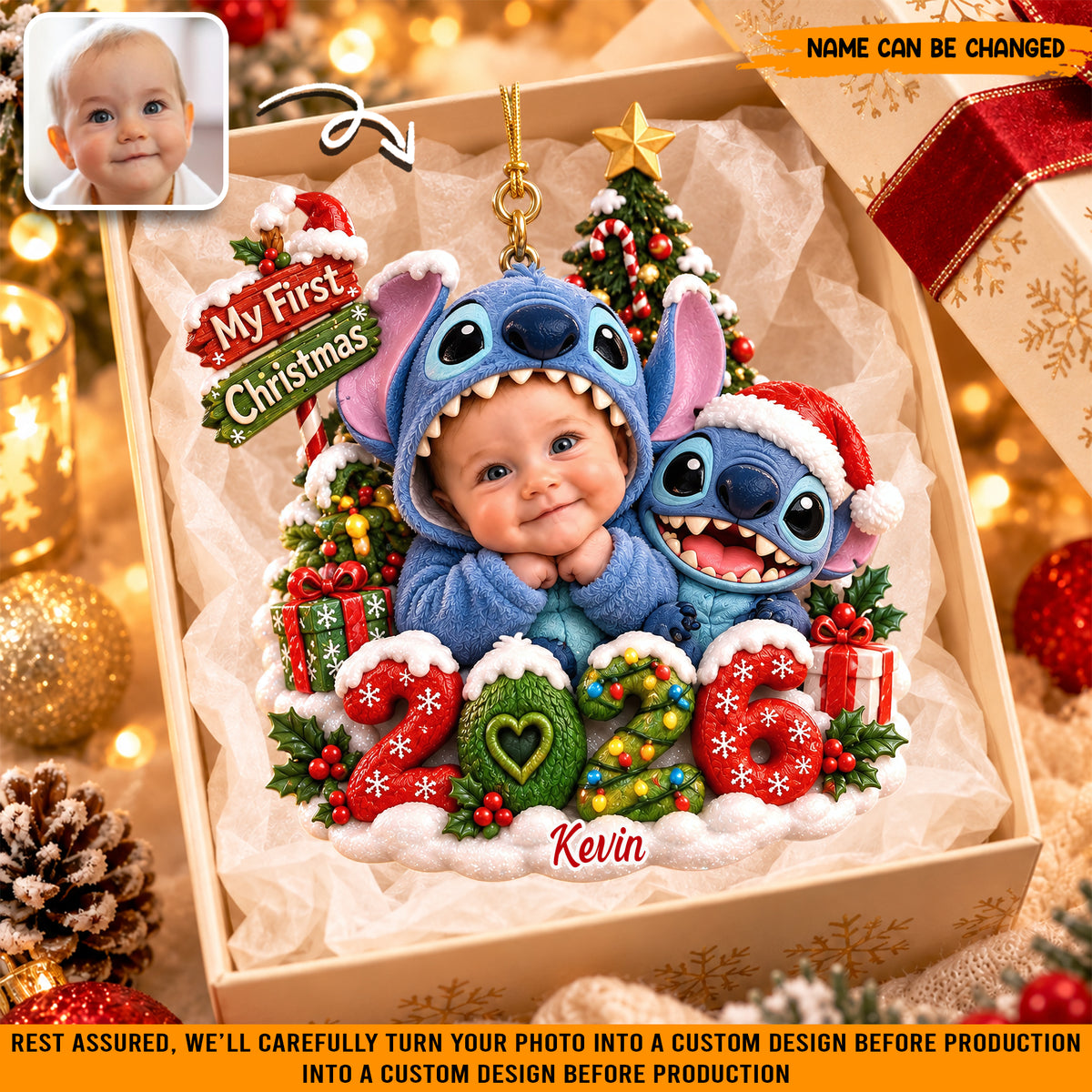 Custom Photo Stitch Christmas Ornament, Personalized Baby Name Hanging Decoration