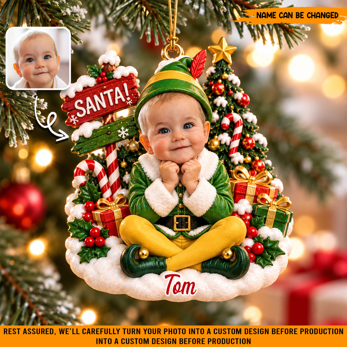 Personalized Baby Elf Christmas Ornament, Custom Photo & Name Holiday Tree Decor