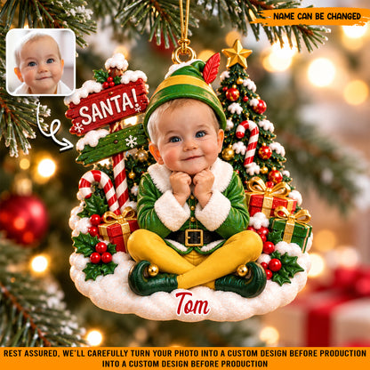 Personalized Baby Elf Christmas Ornament, Custom Photo & Name Holiday Tree Decor