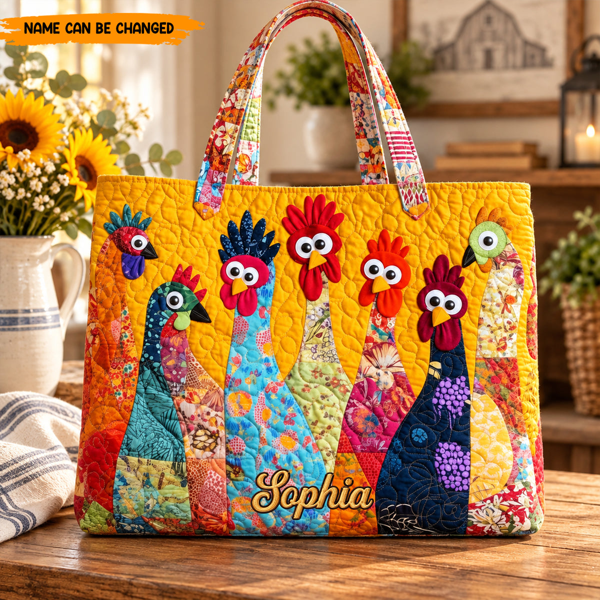Personalized Chicken Quilted Tote Bag, Custom Name Farmhouse Beach Bag