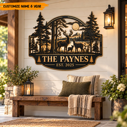 Personalized Deer Family Metal Sign - Custom Family Name Sign EST - Forest Cabin Wall Decor - Housewarming Gift for Family