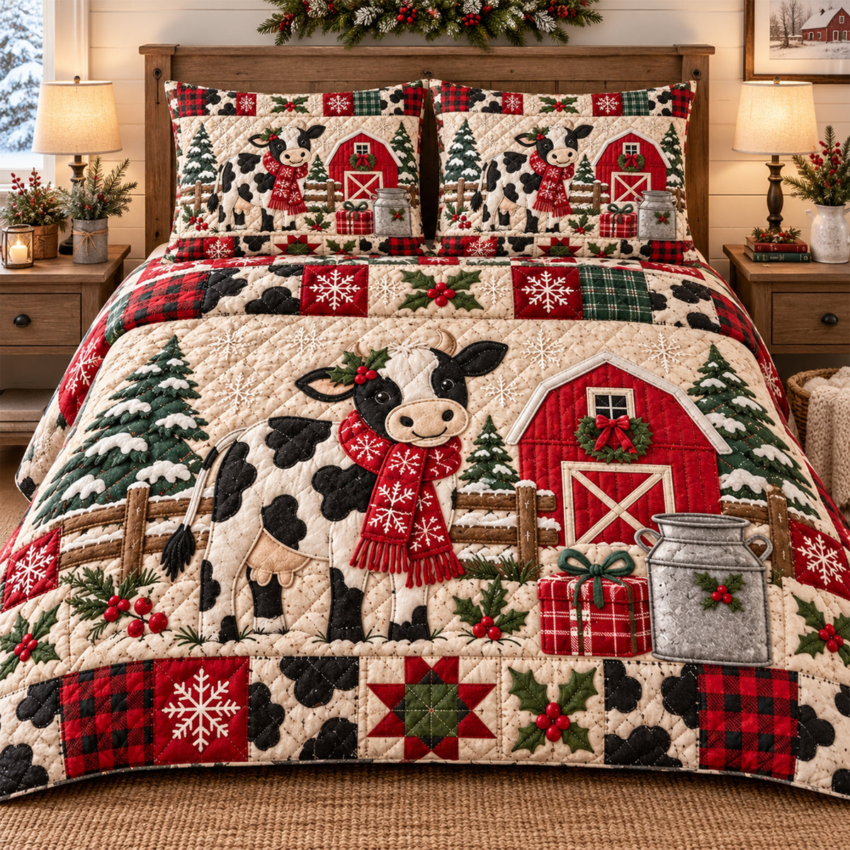 Farmhouse Cow Christmas Quilt Bedding Set