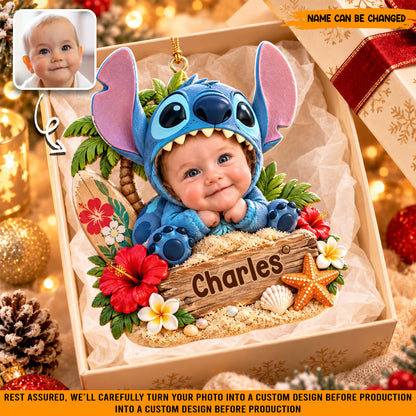 Personalized Baby Stitch Christmas Ornament, Custom Photo & Name Holiday Tree Decor