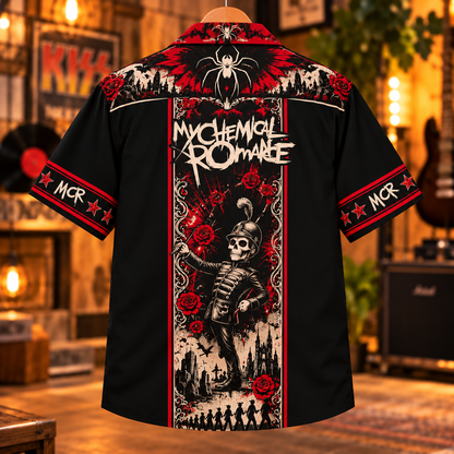 My Chemical Romance Hawaiian Shirt – Gothic Emo Rock Inspired Gift Featuring The Black Parade, Red Roses, Skulls & Iconic MCR Symbols.