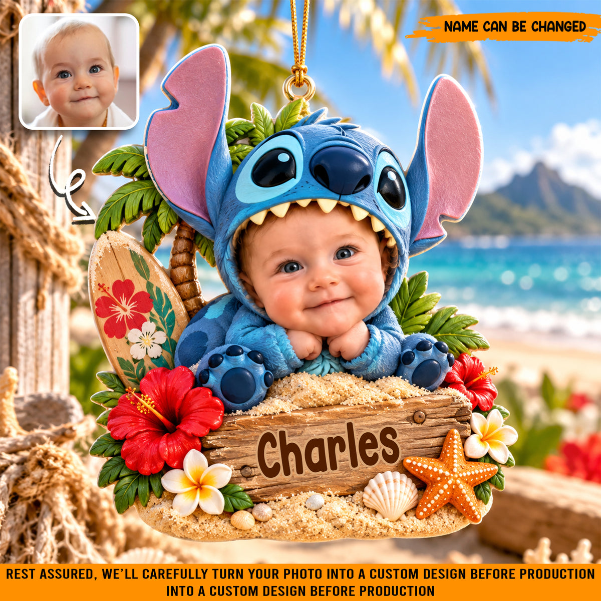 Personalized Baby Stitch Christmas Ornament, Custom Photo & Name Holiday Tree Decor