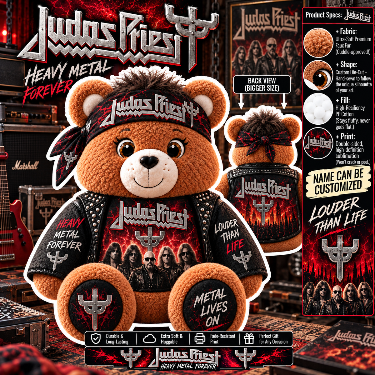 Judas Priest Custom Shaped Bear Pillow – Unique Gift for Judas Priest Fans & Classic Heavy Metal Lovers