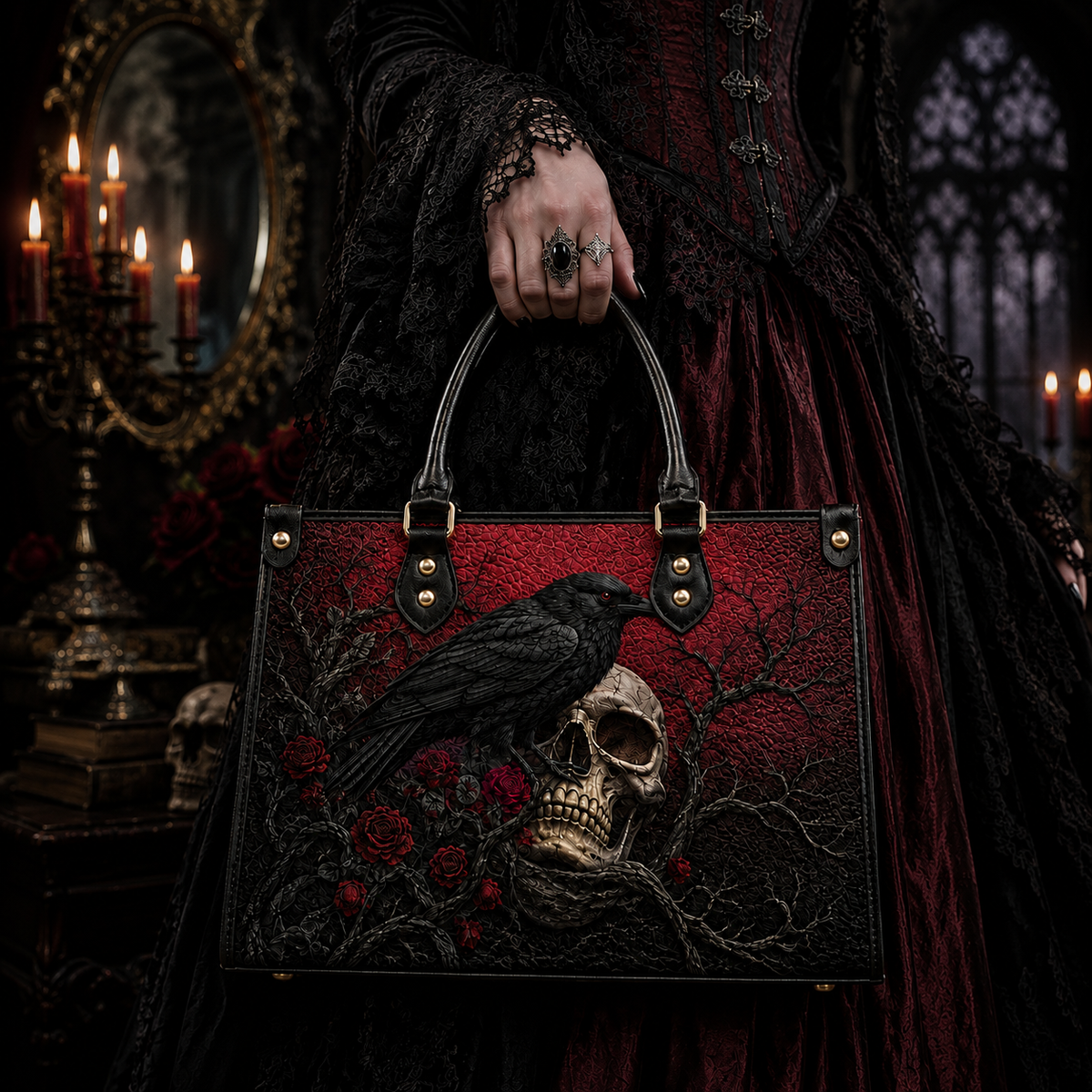 The Raven Gothic Leather Handbag – Dark Literary Skull & Rose Bag