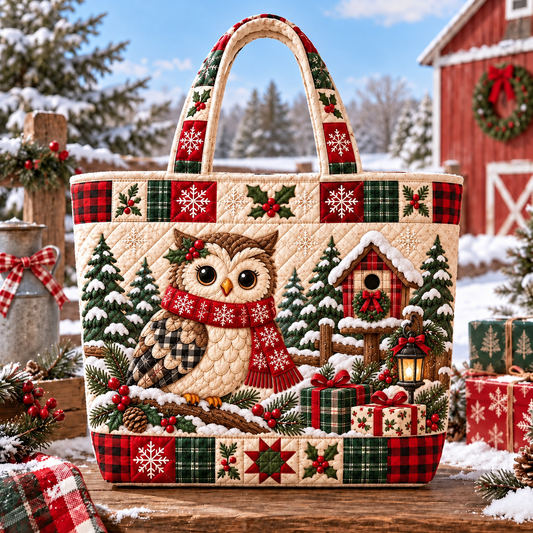 Christmas Owl Print Quilted Tote Bag