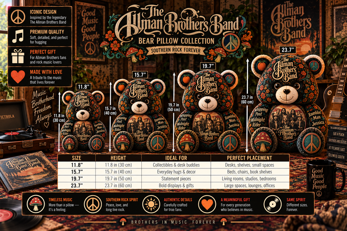 The Allman Brothers Band Southern Rock Bear Custom Shaped Pillow – Music Fan Gift, Classic Rock Collectible