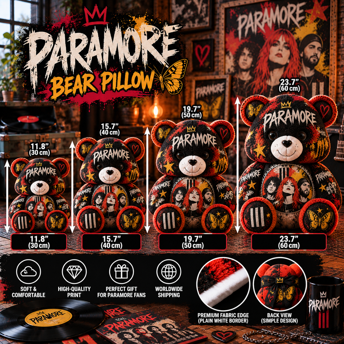 Paramore Custom Shaped Bear Pillow – Unique Gift for Classic Music Lovers