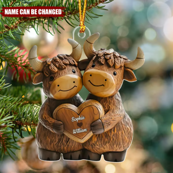 Highland Cow Couple - Personalized Christmas Acrylic Ornament