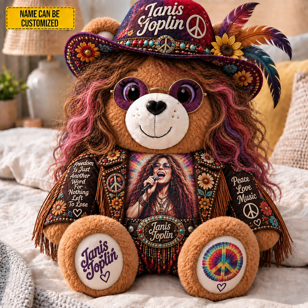 Janis Joplin Custom Shaped Bear Pillow – Unique Gift for Classic Music Lovers
