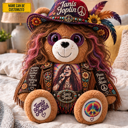 Janis Joplin Custom Shaped Bear Pillow – Unique Gift for Classic Music Lovers