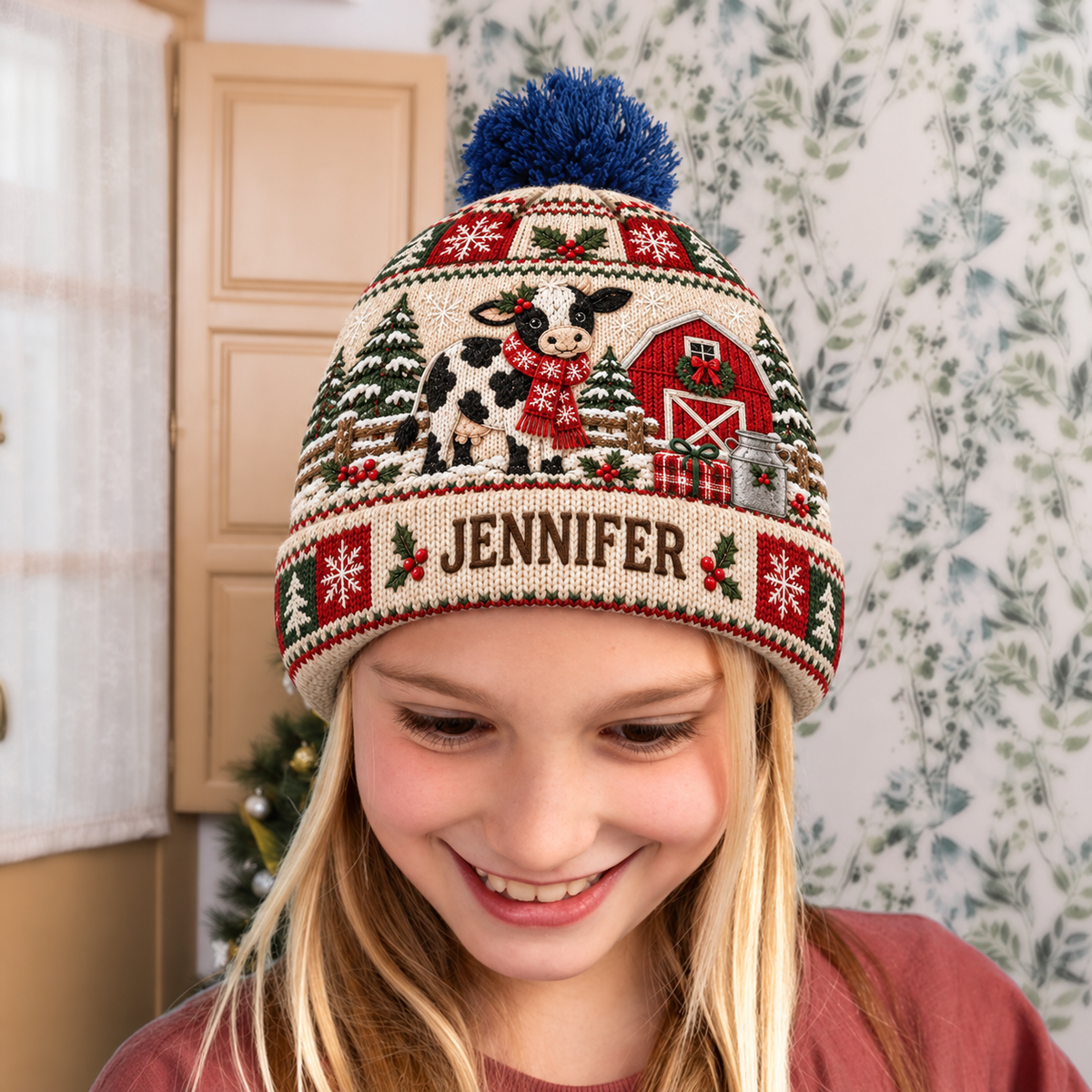 Farmhouse Christmas Cow Beanie Hat