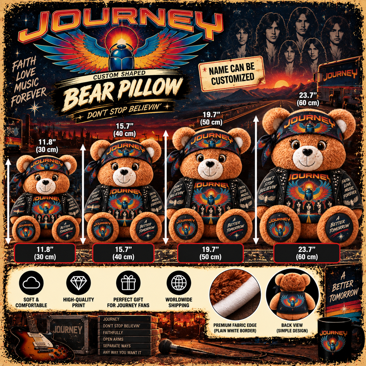 Journey Custom Shaped Bear Pillow  – Classic Rock Music Legend Gift