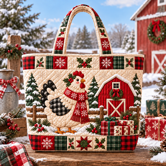 Farmhouse Christmas Chicken Print Quilted Tote Bag