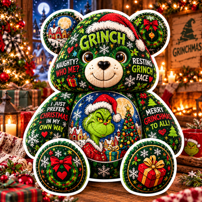 Grinch Christmas Custom Shaped Bear Pillow – Funny Grinchmas Teddy Bear, Festive Holiday Plush Pillow & Unique Christmas Gift for Grinch Lovers