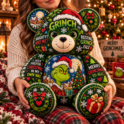 Grinch Christmas Custom Shaped Bear Pillow – Funny Grinchmas Teddy Bear, Festive Holiday Plush Pillow & Unique Christmas Gift for Grinch Lovers