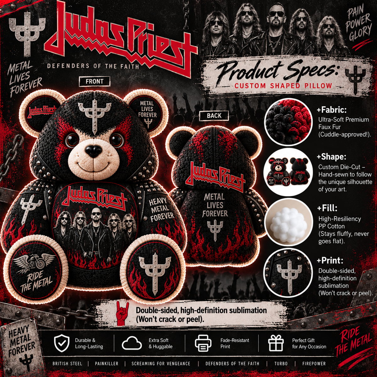 Judas Priest Heavy Metal Bear Custom Shaped Pillow – Metal Rock Music Fan Gift